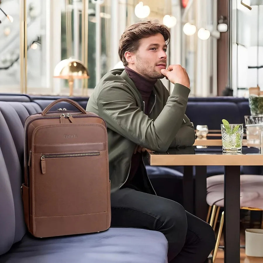 Tzowla Leather Laptop Backpack Bag for Men and Women Business Travel Work Rucksack Fits 15.6 Inch Laptop Bookbag with USB and T