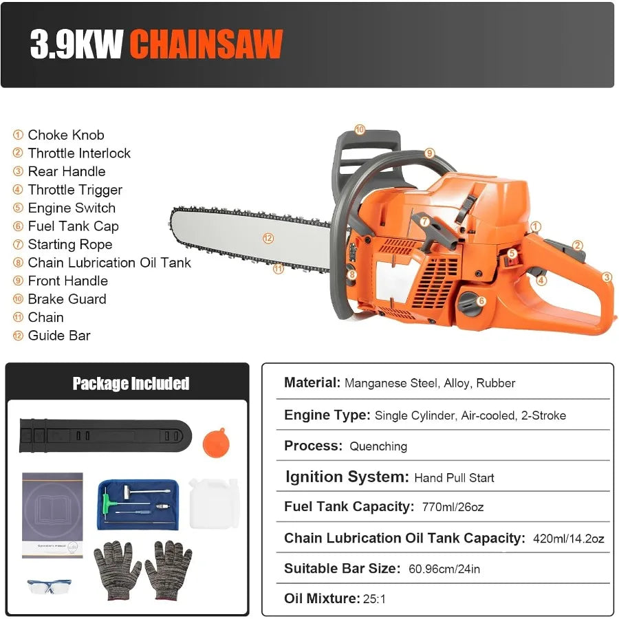 24in 72cc 2-Cycle Gasoline Powered Chainsaw 3.9kw Professional Chainsaw Set for Tree Wood Farm Garden Ranch Forest Cutting Dark