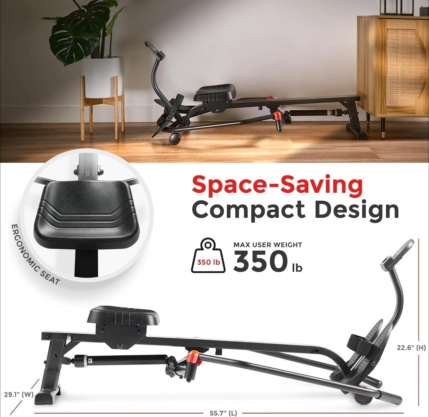 ZZZFitness Compact Full-Motion Rowing Machine w/Adjustable Resistance, Low-Impact Full-Body Workout Rower