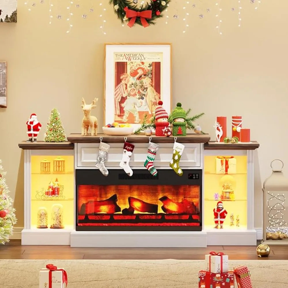3-Sided  Electric Fireplace TV Stand, 70 Farmhouse Style, Fits TVs up to 75, Mantel, Adjustable Shelves, LED Lights，Customized