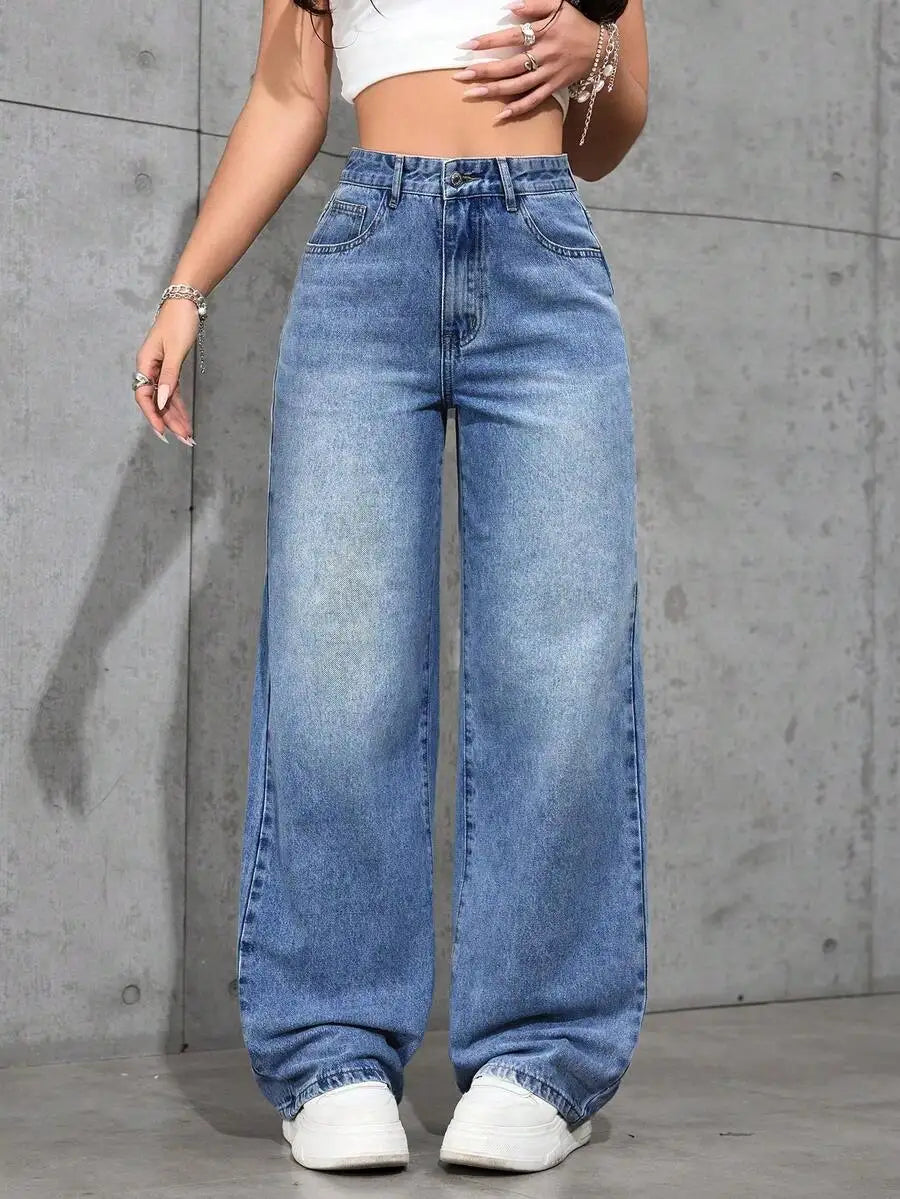 High Waist Wide Leg Jeans for Women, Light Washed Retro Denim Pants, Casual Streetwear Style