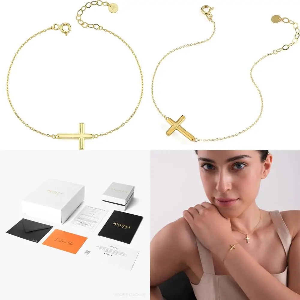 14K Gold-Plated Sideways Cross Women's Bracelet - Dainty CZ-Accented Christian Jewelry, Perfect Religious Gift for Baptism or He