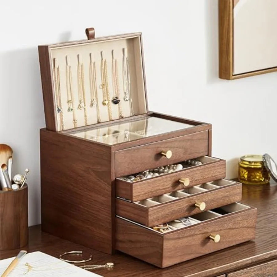 Black Walnut Wooden Jewelry Box for Women 4 Layer with Glass Lid and Pull-out Necklace Storage Layer Watch Necklace Ring Earrin
