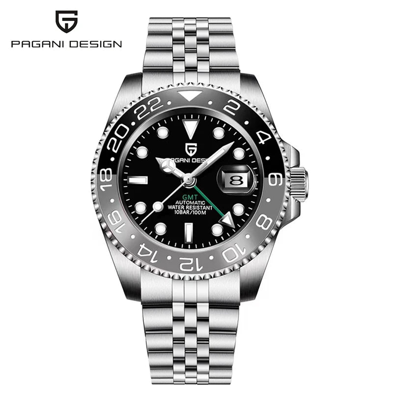 New PAGANI DESIGN GMT Automatic Wristwatch Stainless Steel 100M Waterproof Watch Top Brand 40mm Mechanical luminous Watch Men