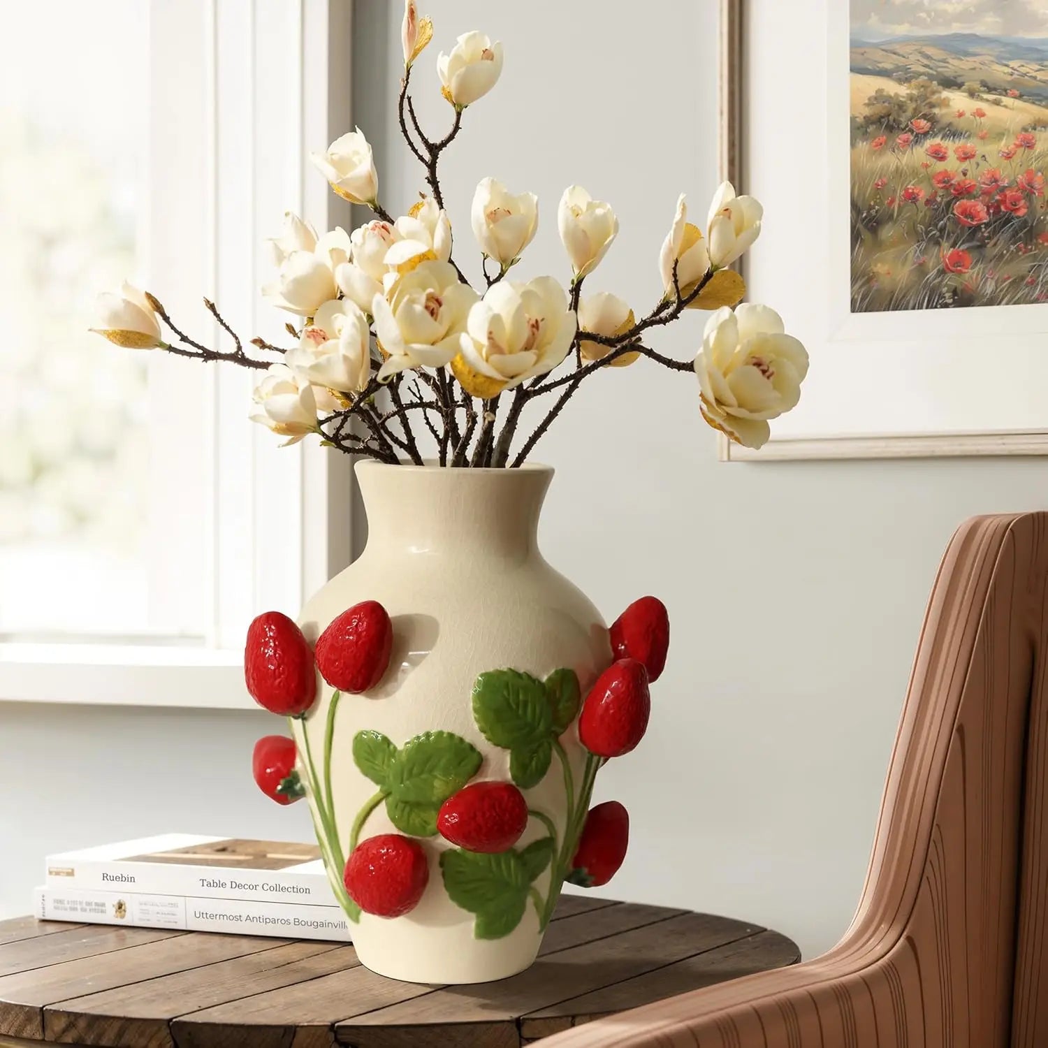 Unique Ceramic Flower Vase,Modern Decorative Pottery Vases for Dining Table Living Room Decor,Ivory with Red Strawberries