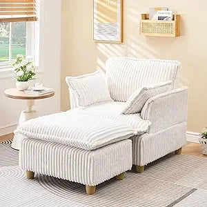 Indoor Corduroy Chaise Lounge Chair, 36" Wide Upholstered Accent Chair with Ottoman, Comfortable Modern Deep Seat Lounge Sofa Ch