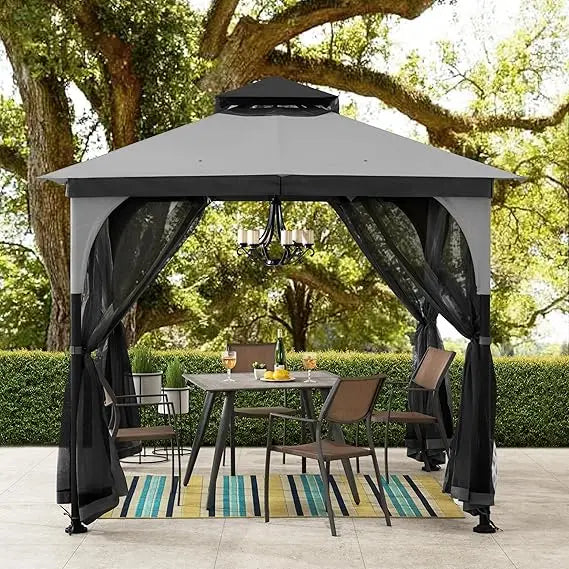 9 ft. x 9 ft. Gazebo with 2-Tier Canopy Roof, Steel Frame Soft top Gazebo with Ceiling Hook and Mosquito Netting, Grey
