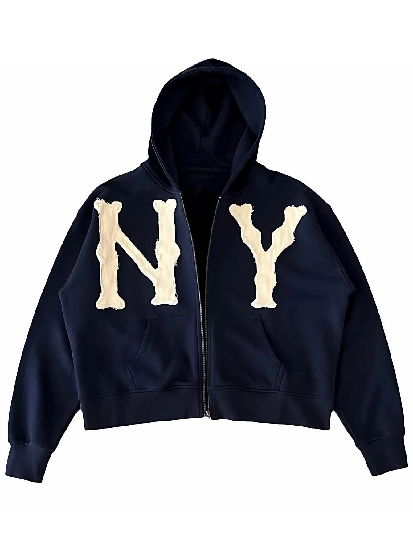 NY Navy Blue Letter Pattern Fall Jackets for Men Y2K Casual Zip Up Hoodie Fashionable Sports Style Jacket Unisex