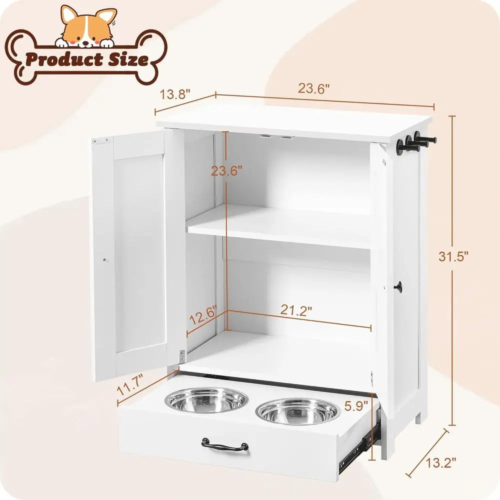 Elevated Dog Bowls Storage Cabinet, Wood Pet Feeder Station Organizer, White