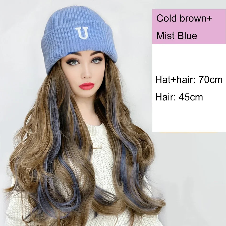 Synthetic 18 inch knitted hat with long curly hair hat wig, wavy wig, winter wig, beige/blue/coffee knitted hat Christmas outfit