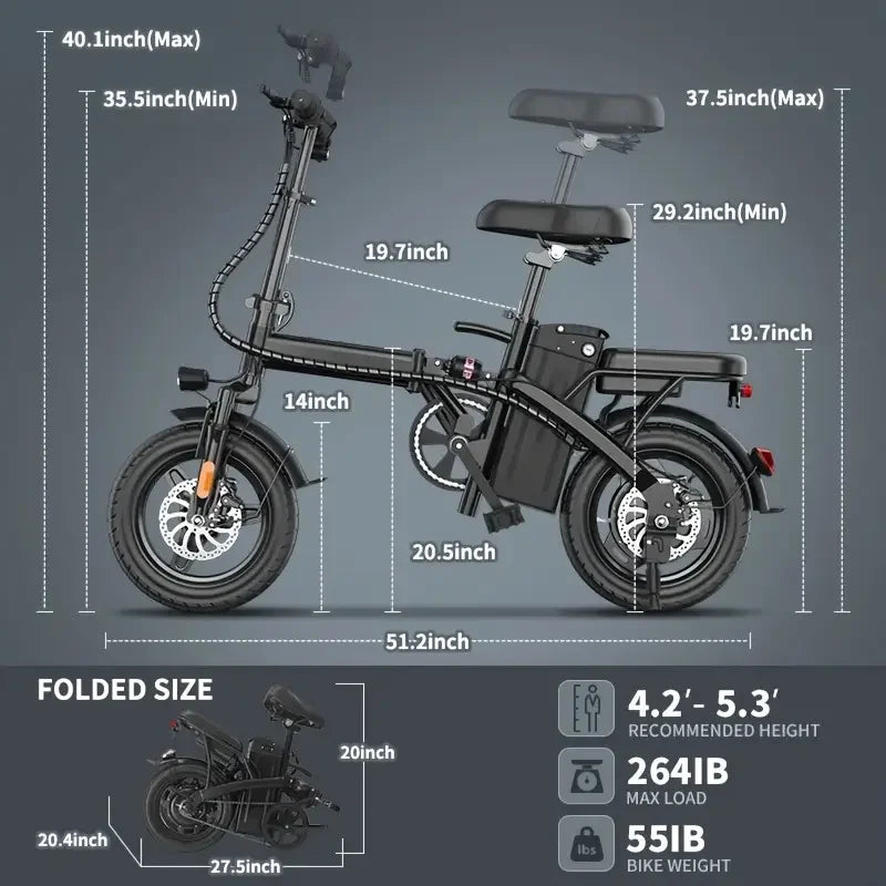 14" Folding Electric Motorcycles Mountain E Bike for Adults, 450W Peak Motor Ebike 20Mph 19.5Miles 48V 10.5AH Electric Bicycle