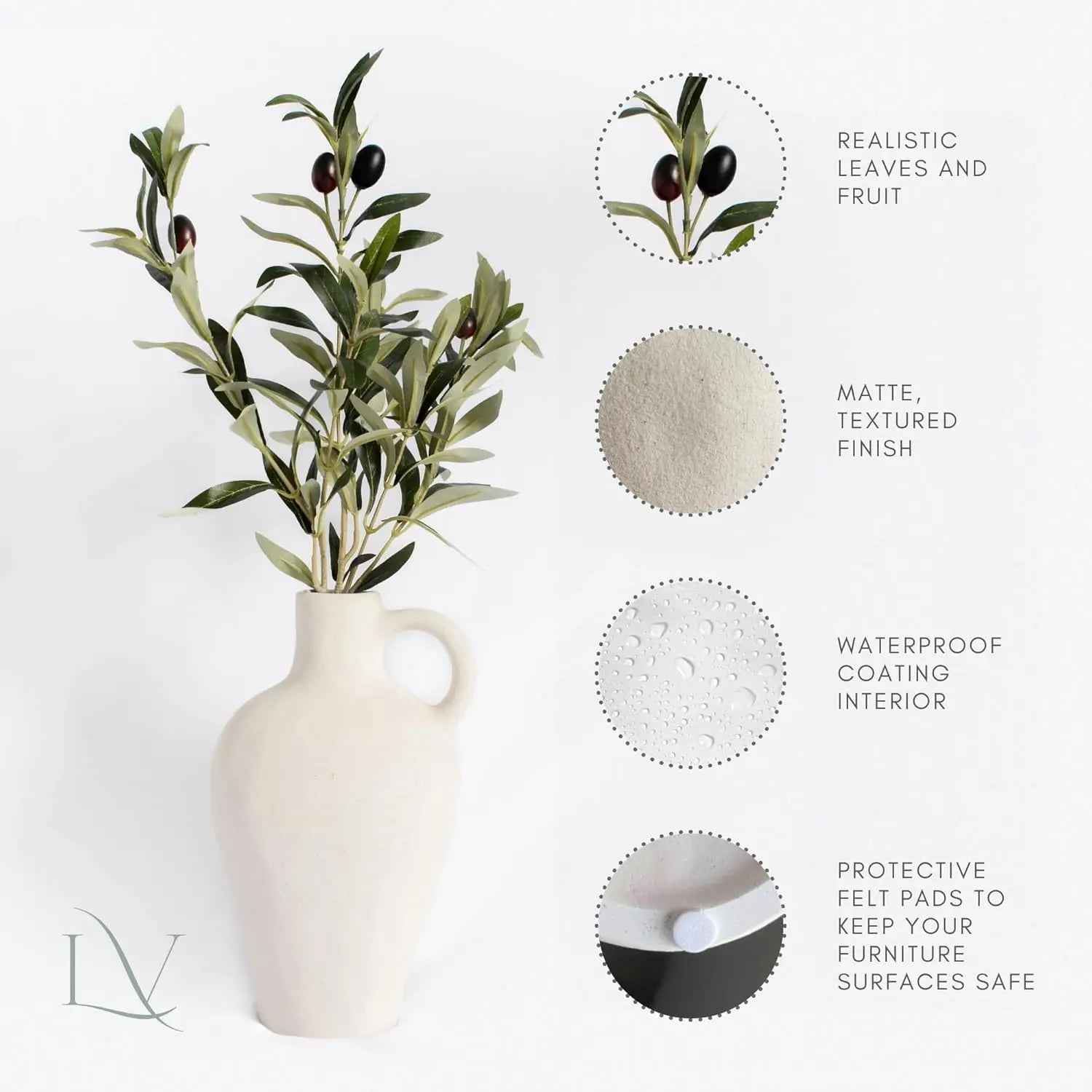 Textured Ceramic Vase with Olive Branches, 10 Inch Tall White Minimalist Decor for Home Office Gifting