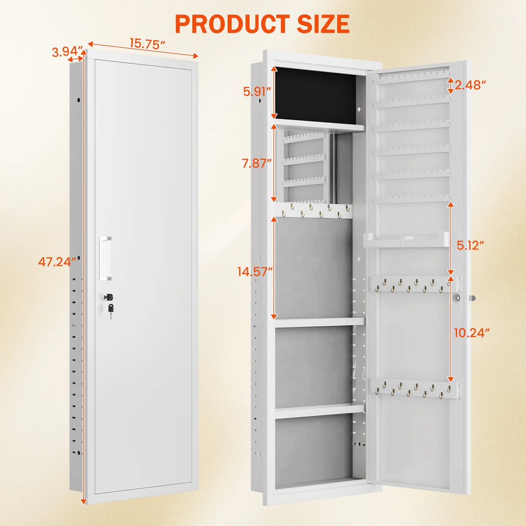 Mirror Jewelry Cabinet, 47.24" Tall Wall Mounted Jewelry Cabinet with Mirror and Light, Large Jewelry Armoire Organizer
