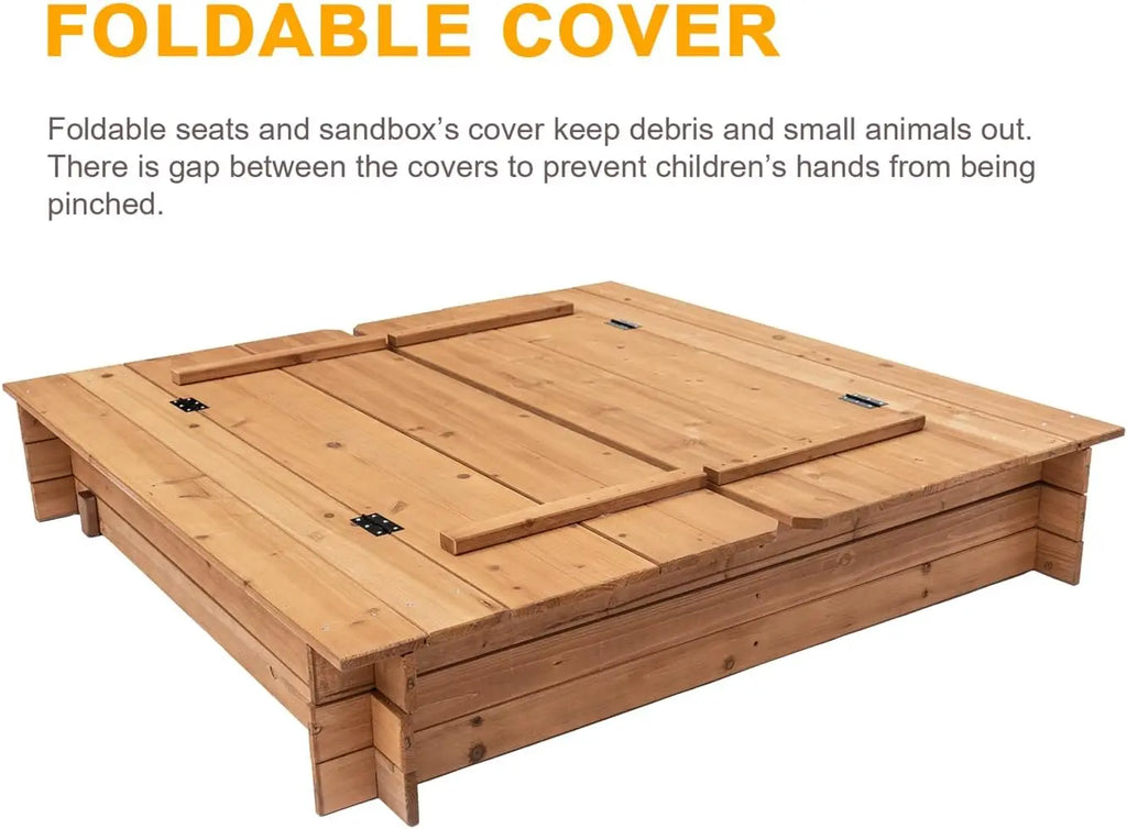 Wood Sandbox with 2 Bench Seats, Sand Boxes with Lid for Kids, Sand Pit with Cover for Outdoor Backyard Patio, 48 Inch