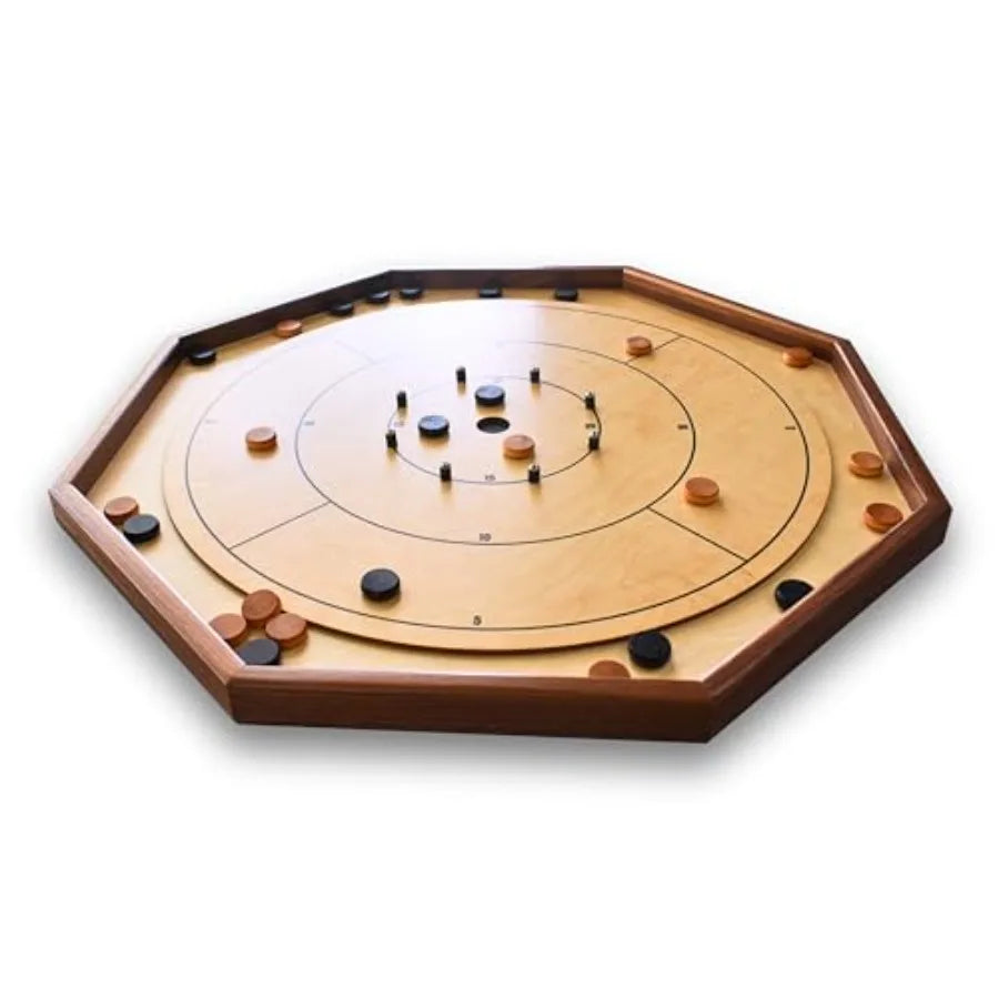 Traditional Octagon Crokinole Board Game Set with Walnut Rail for Indoor Entertainment and Family Gatherings Featuring Premium