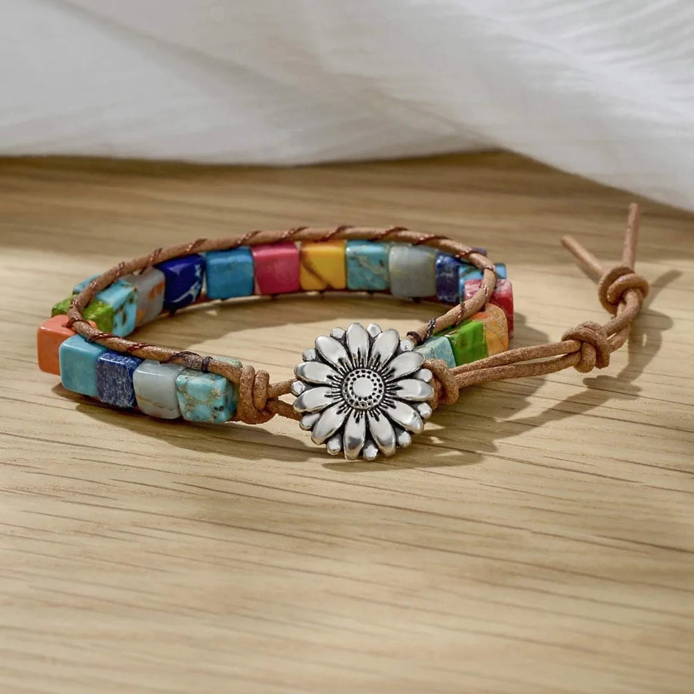 7 Chakra Leather Wrap Bracelet for Women Men with Natural Stone Beads Boho Unisex Jewelry Gift