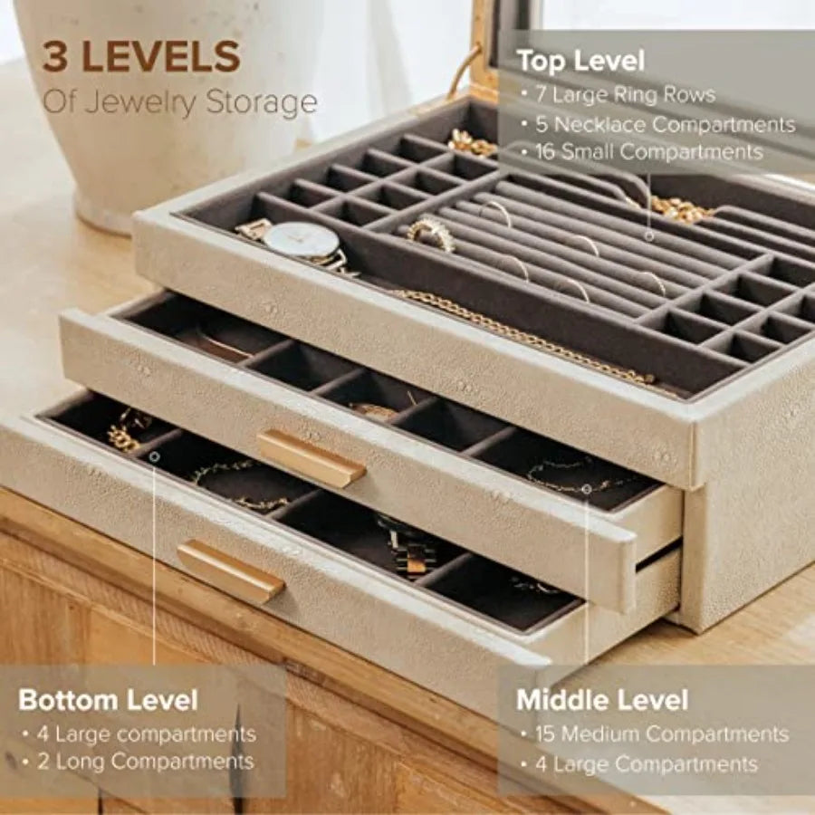 Monogrammed Large 3 Tier Jewelry Box Storage Case Organizer for Women Glass Lid for Earrings Bracelets Rings Necklaces Shagreen