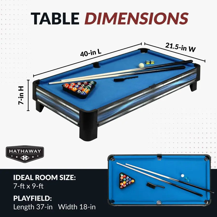 Breakout 40in Tabletop Billiards Set for Dining or Game Tables Compact Blue Pool Playing Surface with Cue Sticks, Ball Kit, Tria