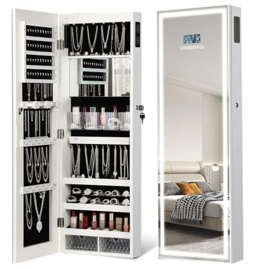 LED Mirror Jewelry Cabinet with Bluetooth Speaker Wall/Door Mounted Jewelry Organizer Armoire Full Length Lighted Mirror with J