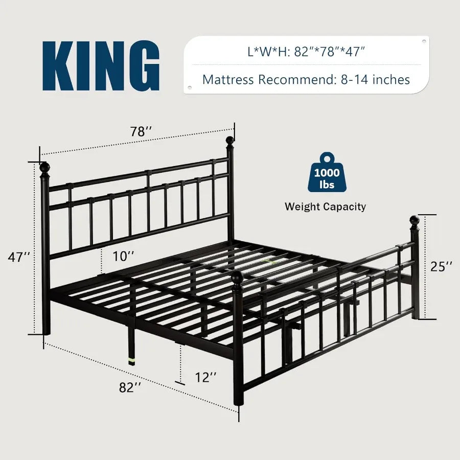 King Size Metal Bed Frame Platform Bed with Classic Wrought Iron Art Headboard and Footboard for Modern Bedroom 12 Inch Underbe