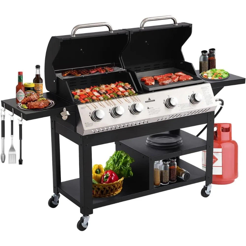 5-Burner Propane Gas Grill and Griddle Combo, Dual Zone Outdoor BBQ with 54,000 BTU 627 SQ.IN. Stainless Steel & Porcelain Cast