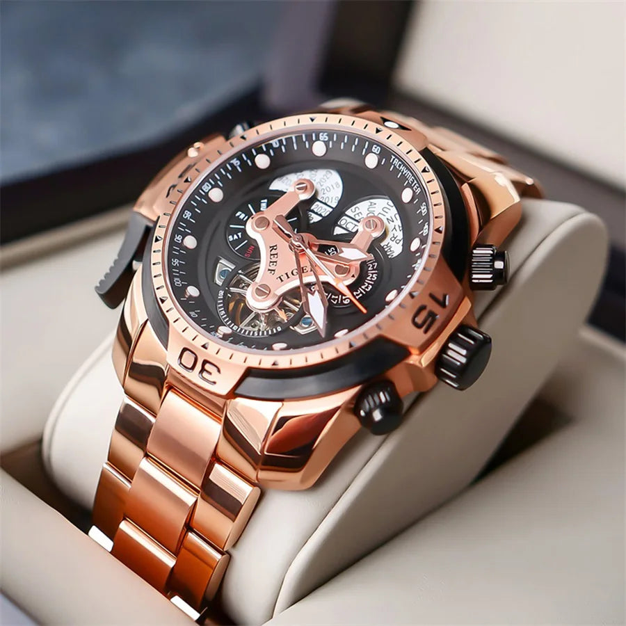 【REEF TIGER】 Men's watch: The weight king mechanical watch, luminous King fully automatic watch, skeletonized large dial men's w