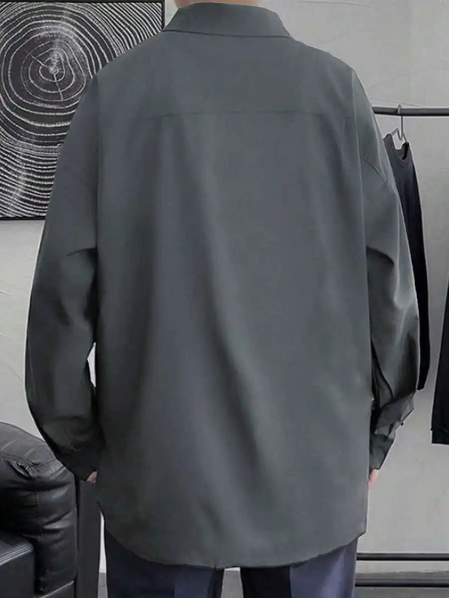 Oversized Black Drop Shoulder Long Sleeve Button-Up Shirt for Men