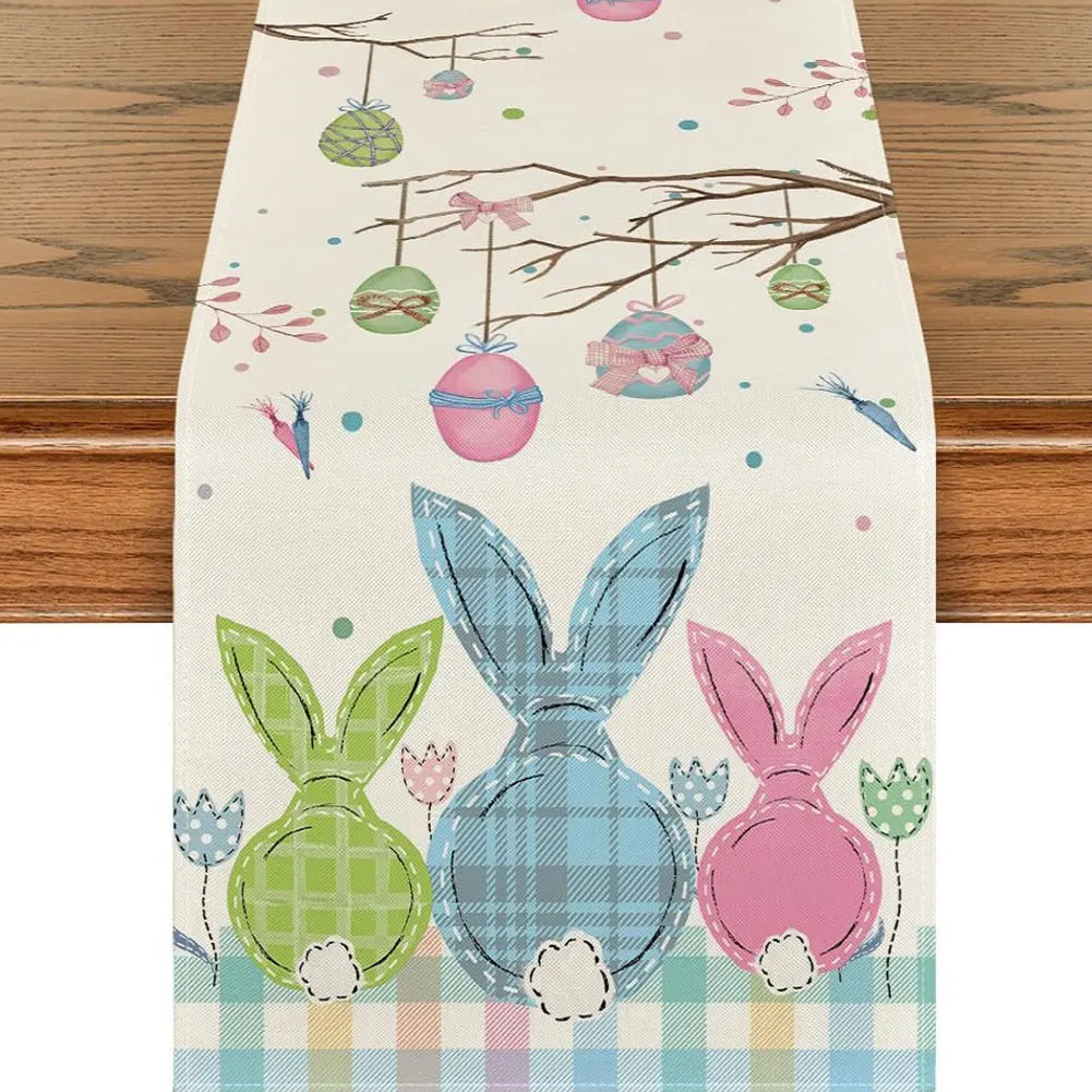 Easter Bunny Linen Table Runner Easter Rabbit Table Runner Washable Easter Bunny Spring Linen Table Runner Holiday Party Decor