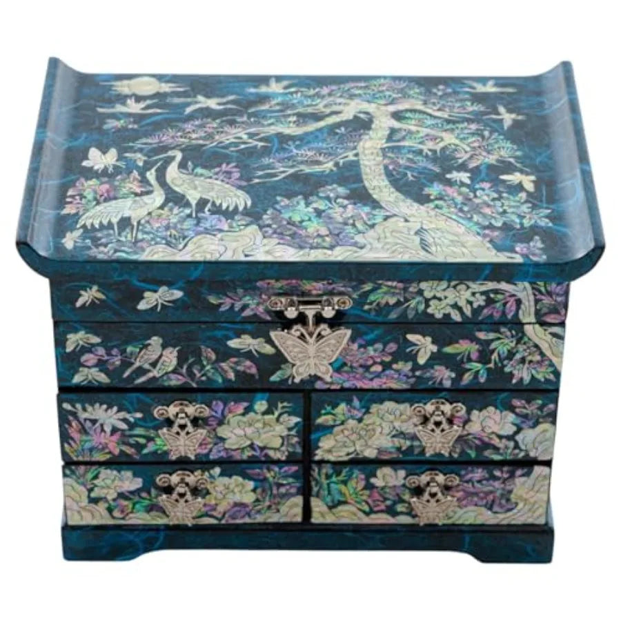 Elegant Mother of Pearl Jewelry Box Handcrafted Wooden Chest with Intricate Butterfly and Crane Designs 4 Drawer Storage and Re