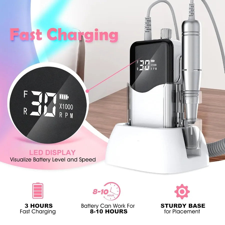 Portable Rechargeable Nail Drill Tool Kit with 35000RPM HighSpeed Electric Nail File and LED Display for Professional Manicure