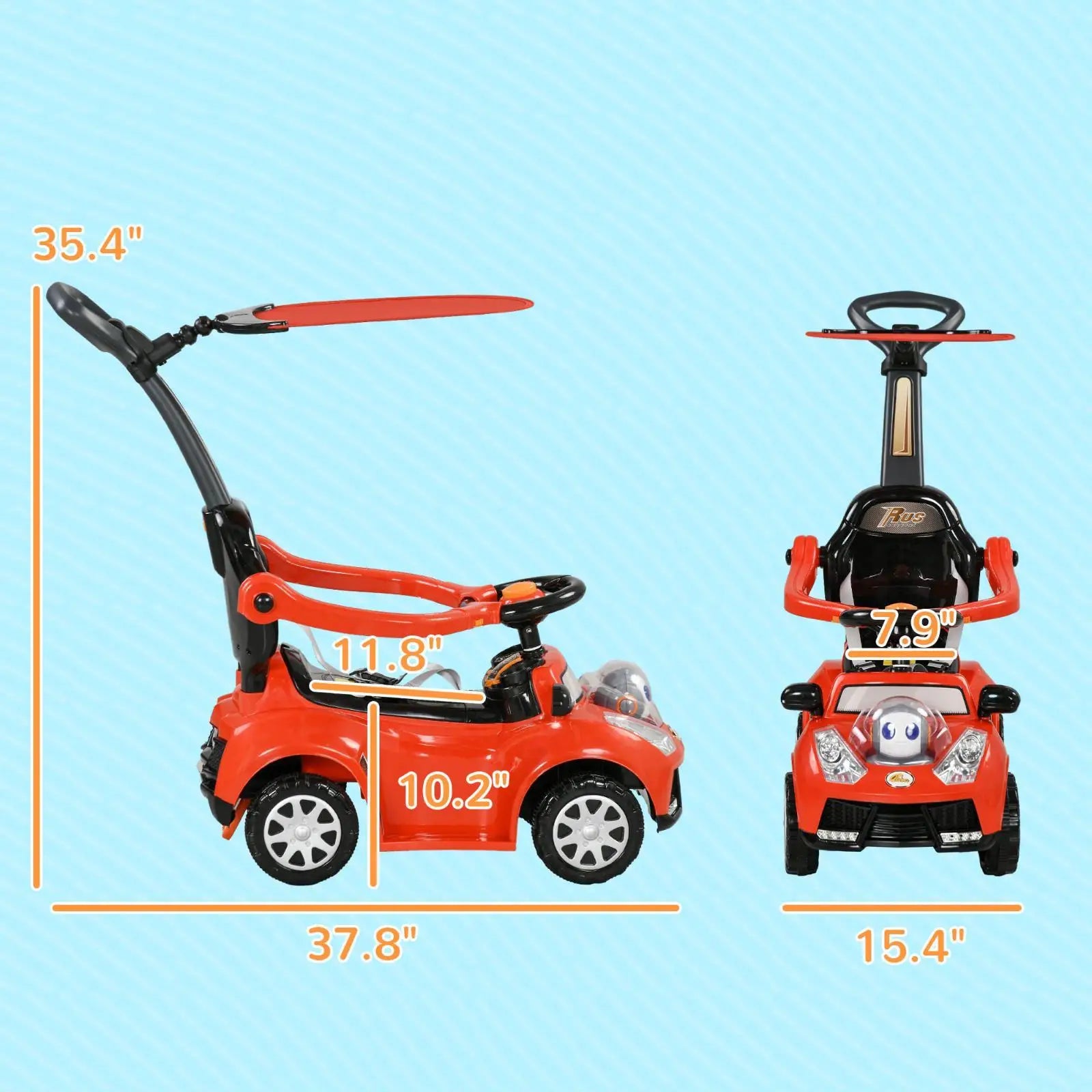3 in 1 Kids Push Car with Safety Fence Music Horn and Canopy Baby Ride on Toddler Sliding Car for Children Travel Outdoor Play