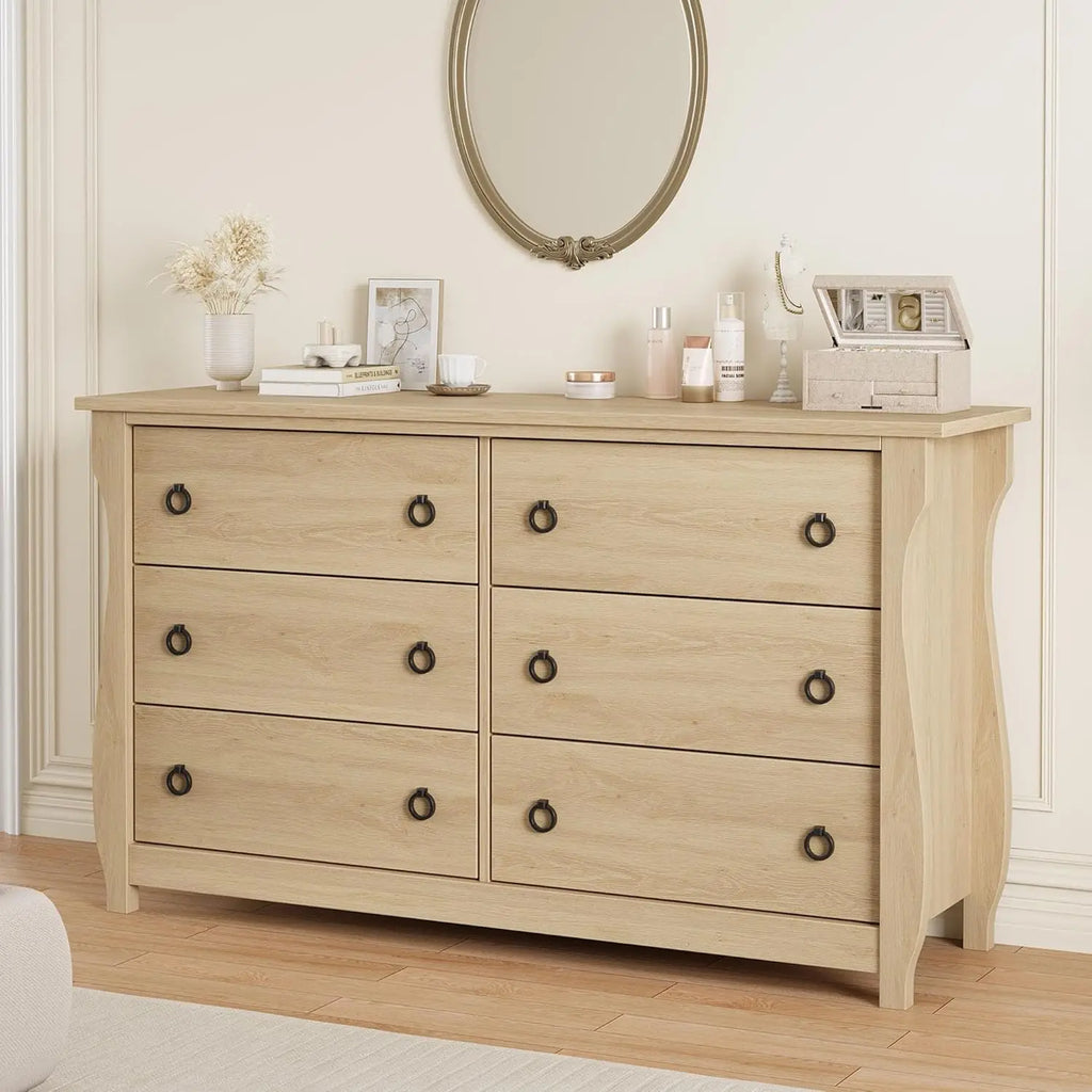 47 in Wide Chest of Drawer Modern Wood 6 Drawer Dresser with Black Ring Pull Handles Storage Organizer for Living Room Bedroom