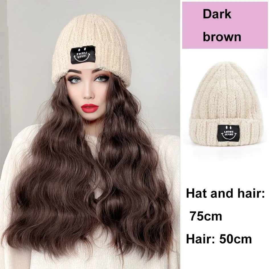 Synthetic 18 inch knitted hat with long curly hair hat wig, wavy wig, winter wig, beige/blue/coffee knitted hat Christmas outfit