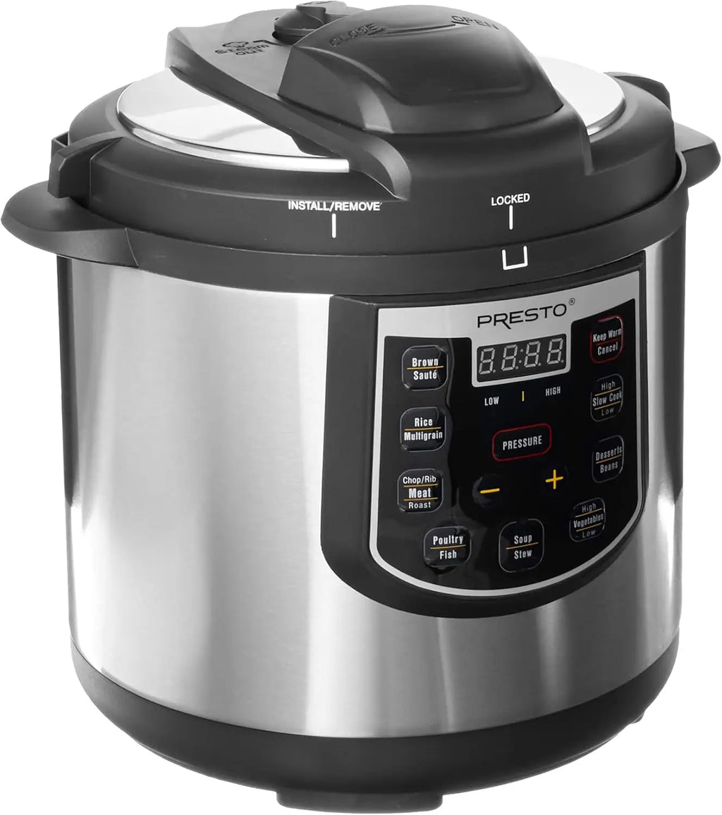 6-Quart Electric Pressure Cooker with Digital Display, Black and Silver Stainless Steel Design, Fast Cooking, Energy