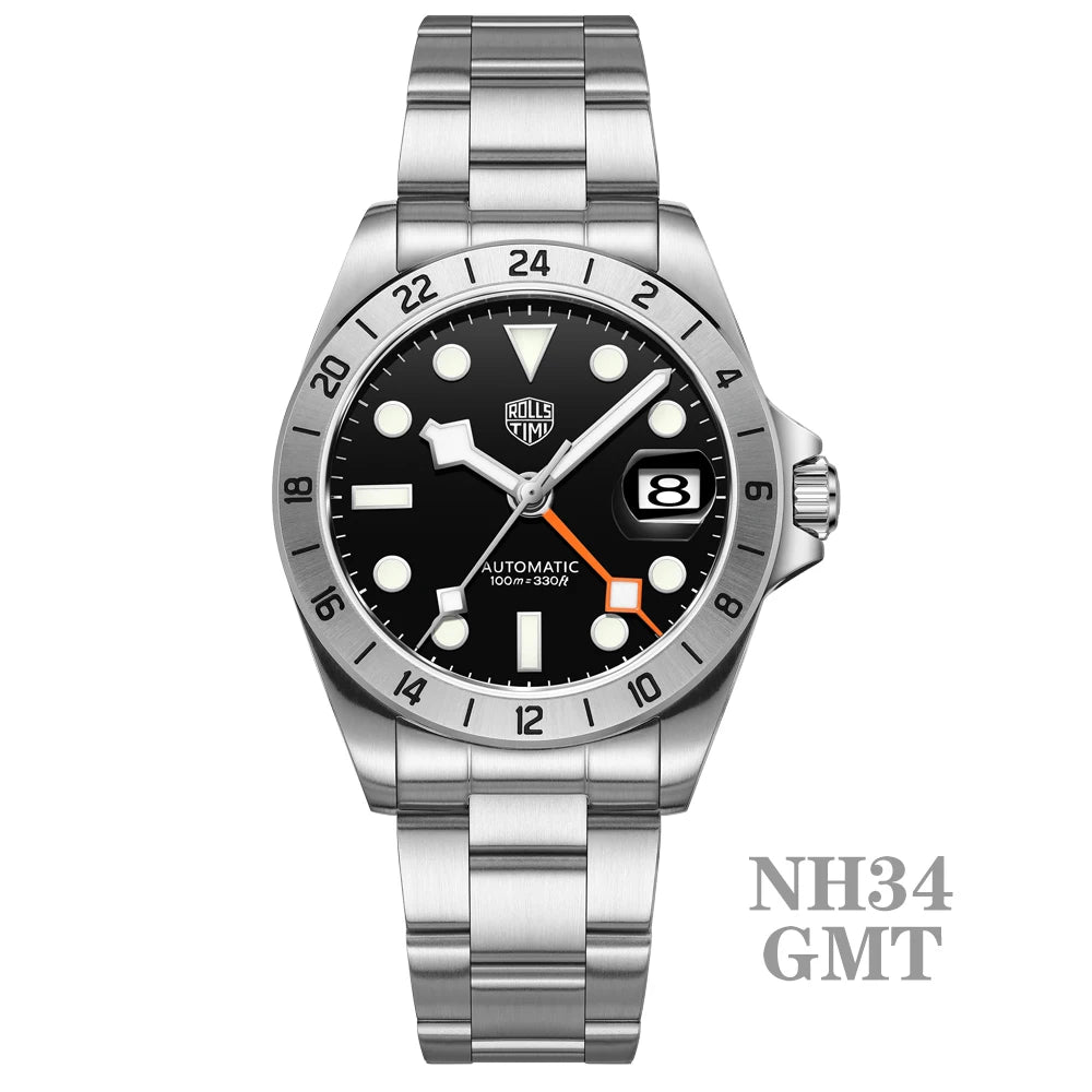 RollsTimi New luxury Automatic Mens Watch GMT NH34 Stainless Steel Mechanical Waterproof Wrist Watch for Men Sapphire Dial Watch
