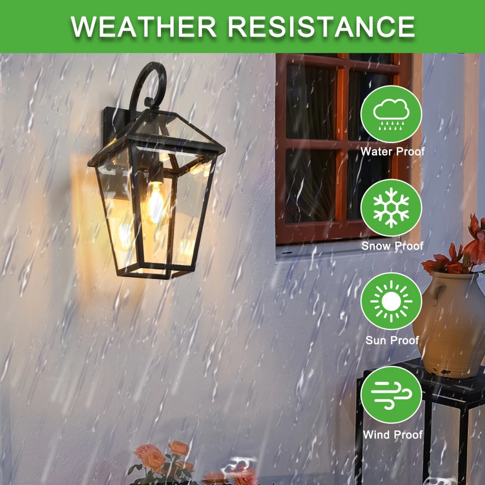 21"(H) 2-Pack Outdoor Wall Lantern Light – Modern Black Metal & Clear Glass Sconce for Porch, Patio (Bulb Not Included)