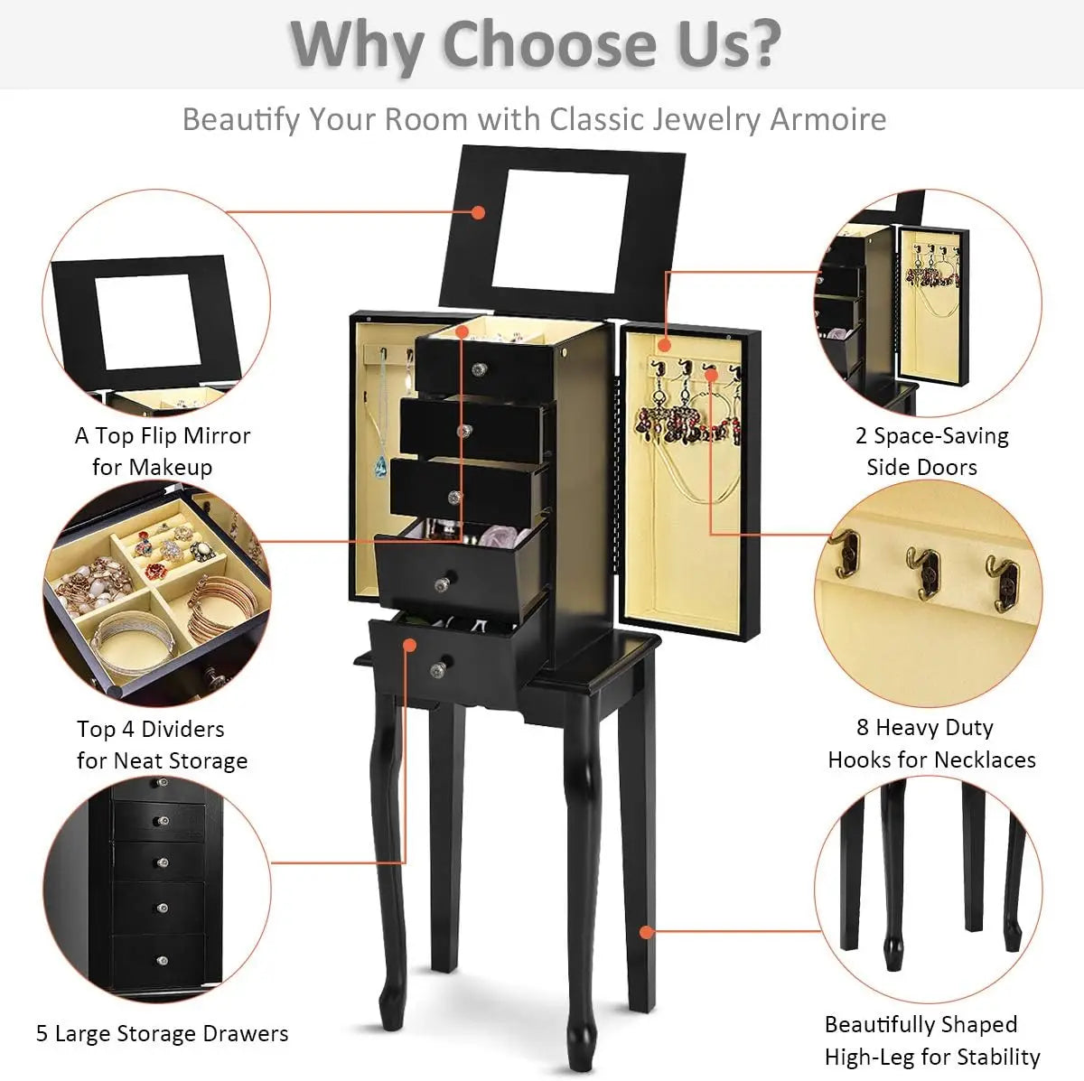 Jewelry Armoire Cabinet Chest Organizer Box Top with Flip Mirror Standing Space-Saving Bedroom Makeup Accessories Storage