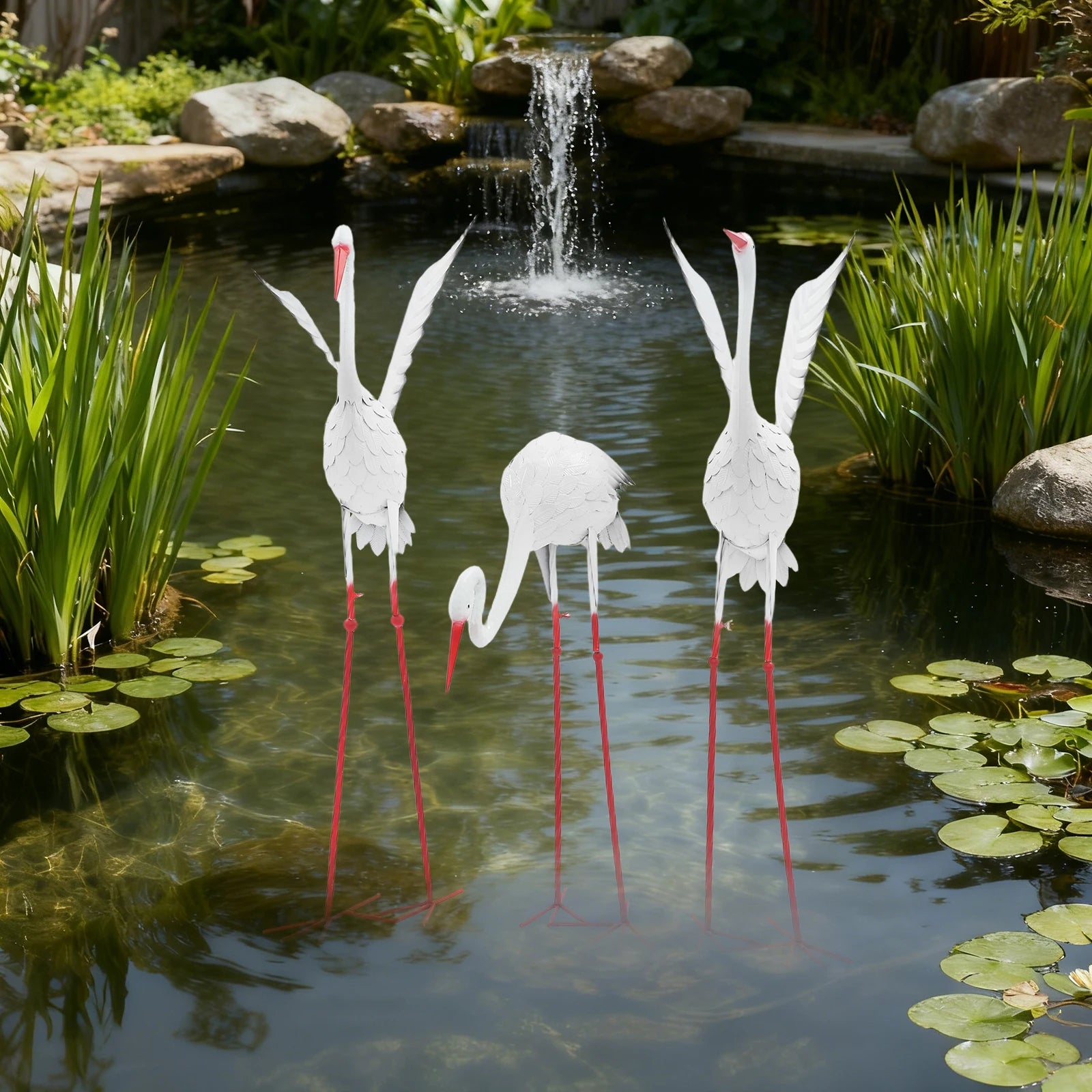 Artificial Egret Prop Decoration 3 PCS Crane Statues 3-Pack Outdoor Crane Statue Ornaments Realistic Crane Decoration