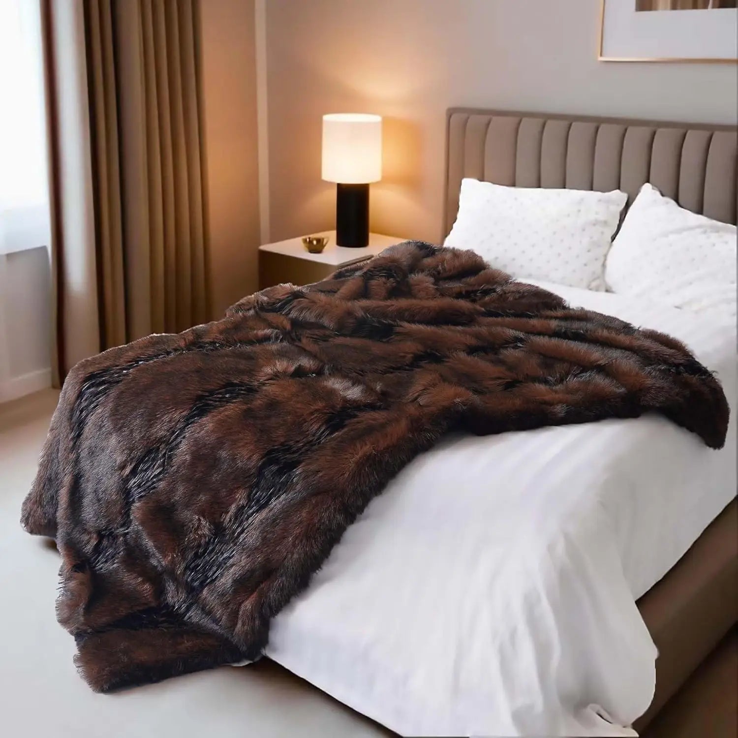 Luxury Faux Fox Fur Blanket 74x90 Brown Super Warm Cozy Fluffy Throw for Sofa Bed Washable