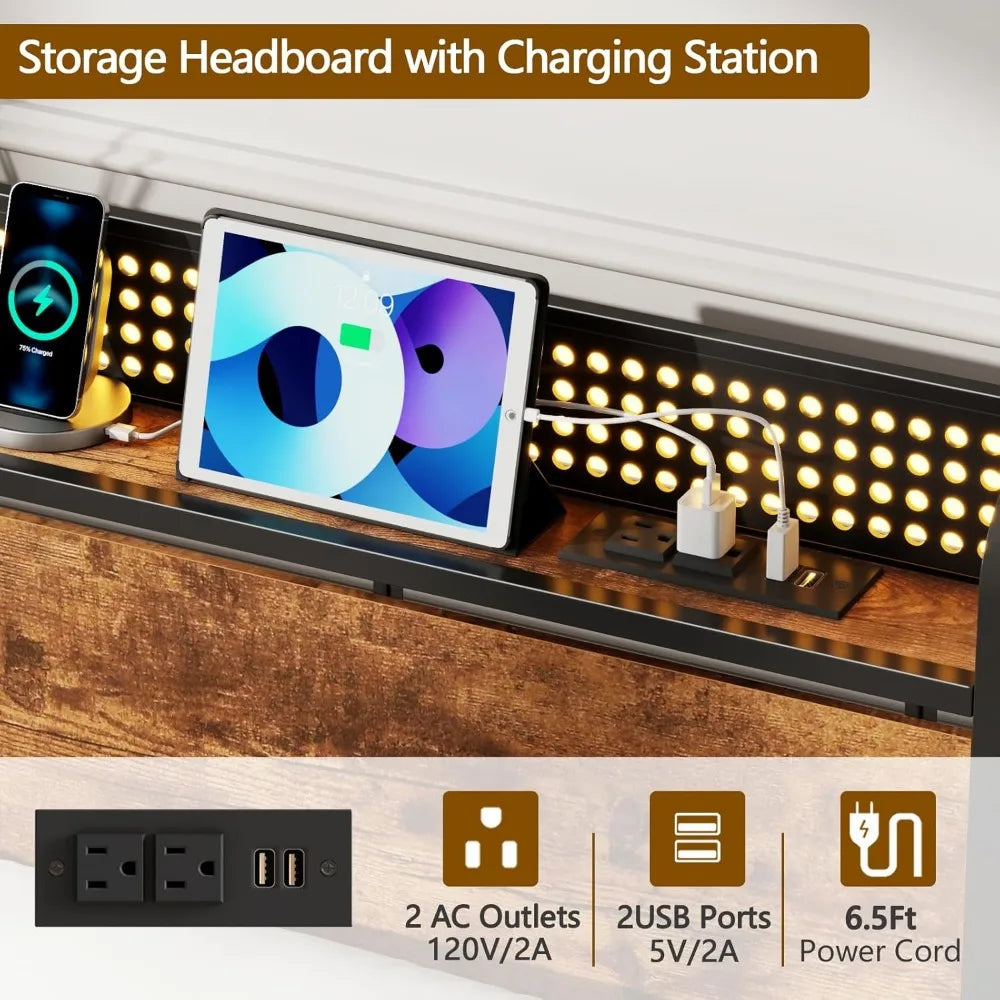 Queen Size Bed Frame with Headboard, Platform Bed Frame Queen Size with 2 Storage Drawers and Charging Station & LED Light.