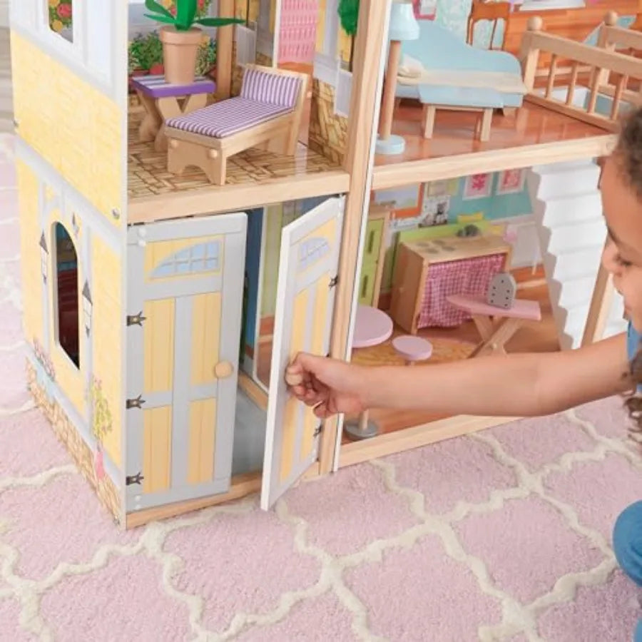 Wooden Dollhouse with 34-Piece Accessories, Working Elevator and Garage, Gift for Ages 3+