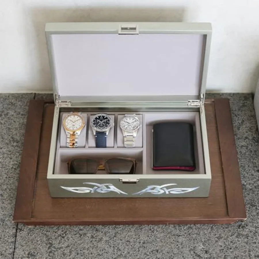 Watch Box Jewelry Organizer Daily Storage Handmade Tribal Dragon Design Metallic Silver