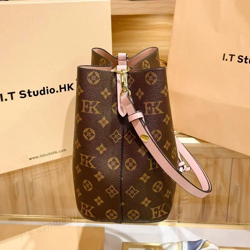 Luxury string Neonoe Drawstring bucket Genuine Leather purse women with Pouch shoulder Bucket Bags BL2