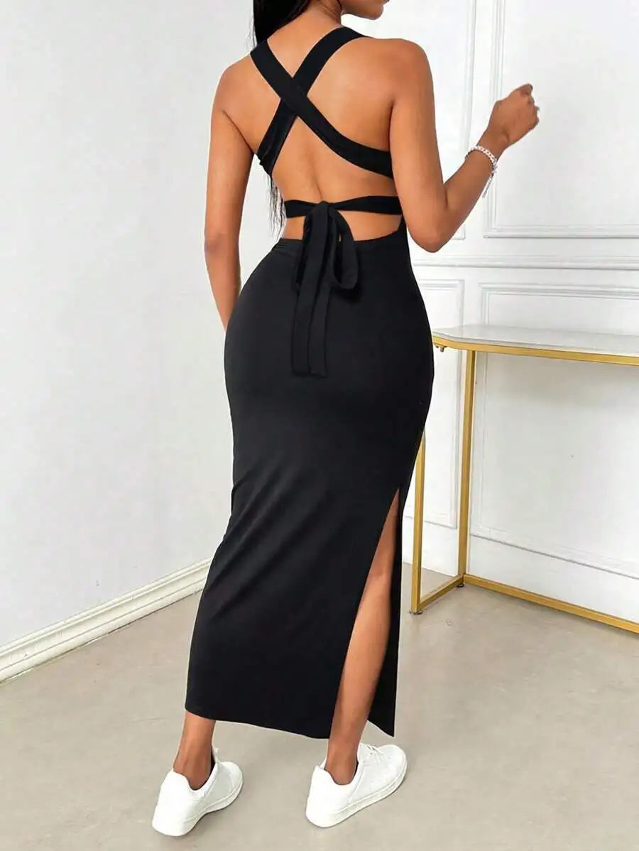 Sexy Backless Criss-Cross Strap Slit Midi Dress for Night Out