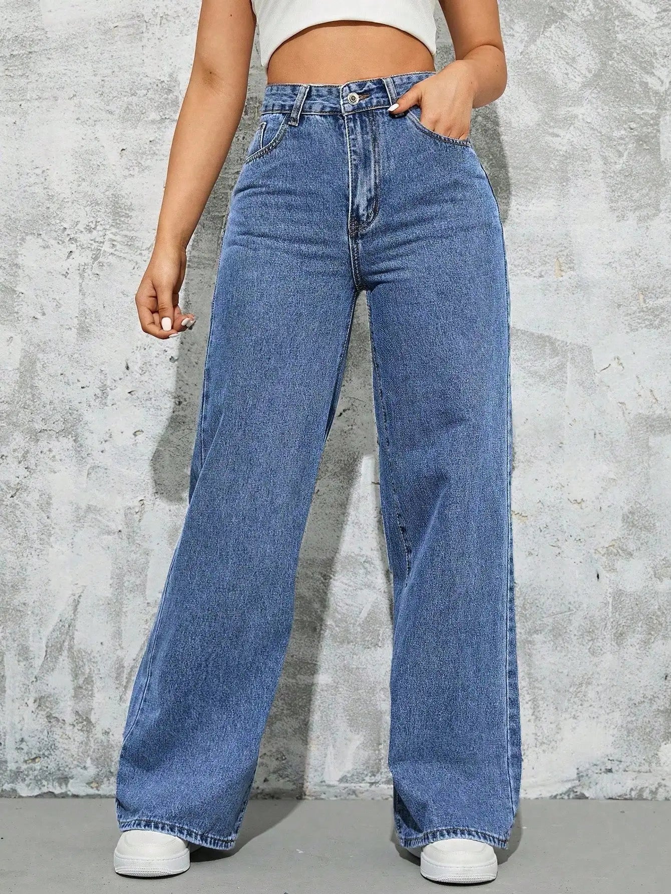 Women's High Waist Wide Leg Denim Jeans with Pockets, Casual Streetwear Style