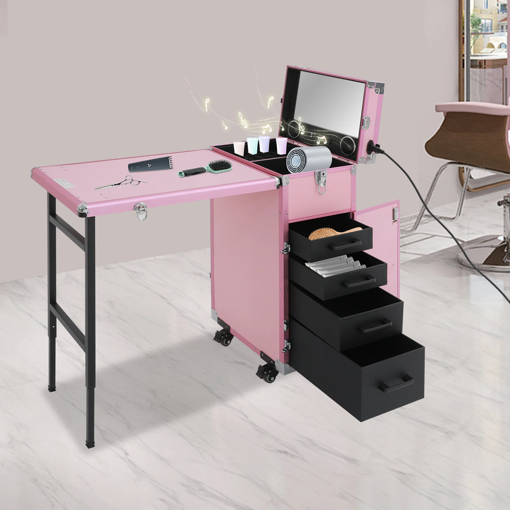 Rolling Manicure Makeup Table with 2 Built-In Bluetooth Music Speakers Portable Mirror Remote Control Professional Makeup Case