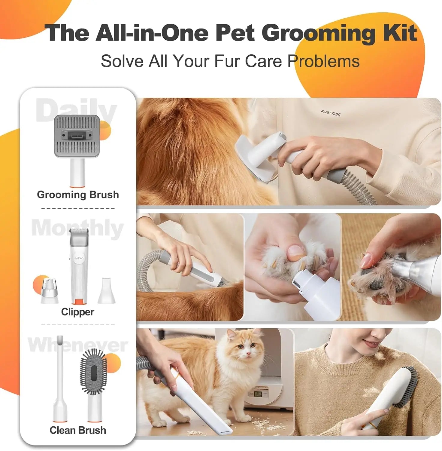 6-in-1 Pet Grooming Kit with Vacuum, Clipper & Nail Grinder, Low Noise Hair Remover for Dogs and Cats, 1.5L Dust Cup