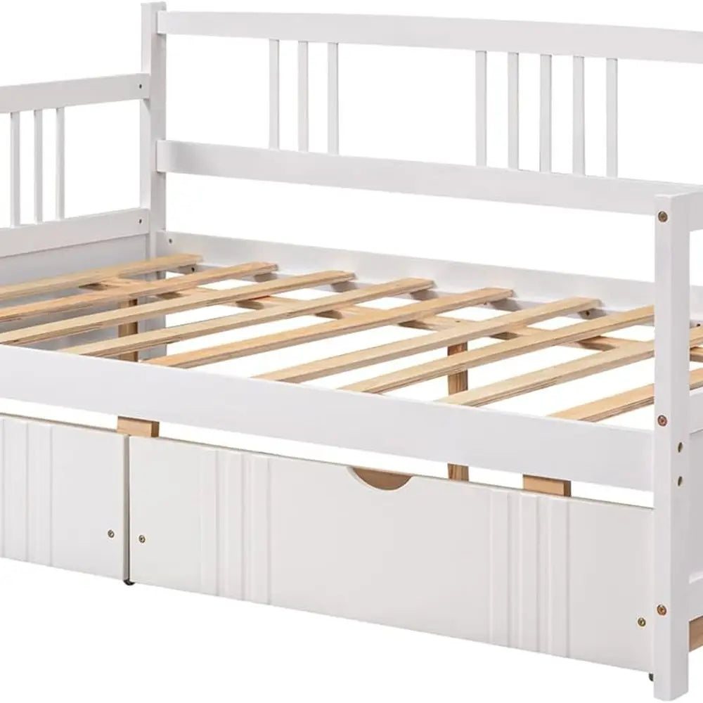 Merax Daybed Full Bed with Drawers, Wooden Slats Support Modern Living Daybed with Rails (White)
