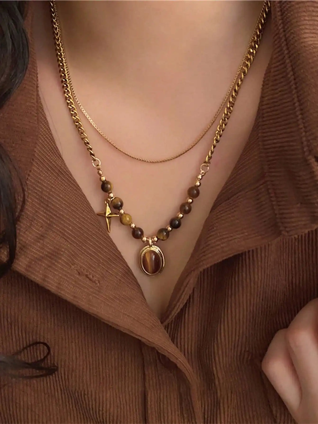 Vintage Multi-Layer Tiger Eye Stone Pendant Necklace for Women, Elegant Clavicle Chain Jewelry Set