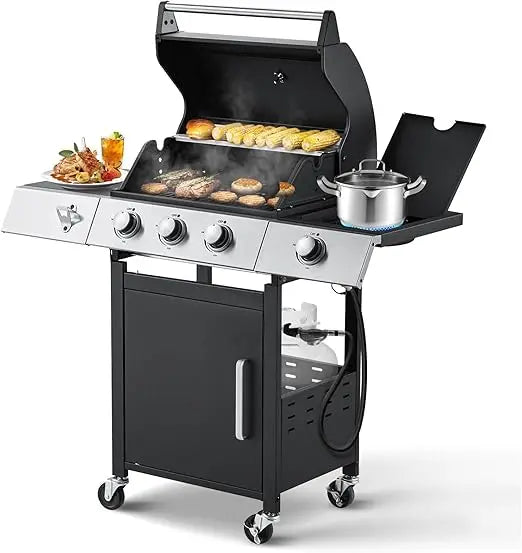 Stainless Steel 36,000 BTU Propane Grill with 3 Burners, Cast Iron Grates, and Side Shelf BBQ Barbecue